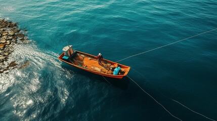 Vintage wooden boat on the coral water. Aerial photography of a boat. A fisherman on a fishing boat casts a net to capture fish.