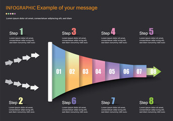 Vector infographic on gray-black background, trumpet shape with input arrows, divided into 7 sections and next sections to present education, finance, management, planning, timeline or steps.