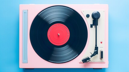 Blue pink pastel background with a vinyl player. View from the Top