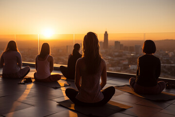 rooftop yoga and meditation session at sunrise, with participants finding tranquility and inner peace