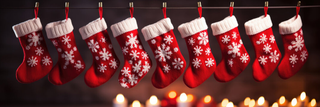 Banner, Weihnachtsstr&uuml;mpfe h&auml;ngen an einer Leine mit Kerzenlicht im Hintergrund, Nikolaus Hintergrund