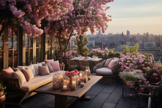 photo of a rooftop garden party with blooming flowers, potted plants, and a lush green backdrop, creating a cozy oasis in the city