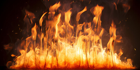 Group of Matchsticks Bursting Into Flames on black background 