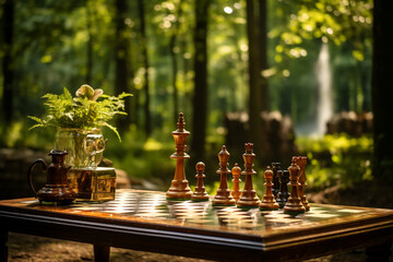 photo of a chessboard set up outdoors in a serene natural setting, emphasizing the fusion of strategy and the environment. - obrazy, fototapety, plakaty