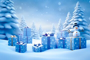 Field of gift boxes and pine tree decorated with snow man, Christmas background.