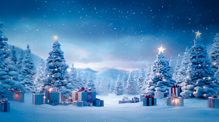 Field of gift boxes and pine tree decorated with star, Christmas background.