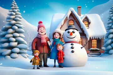 Happy family and snowman standing in front of a house, Christmas background.
