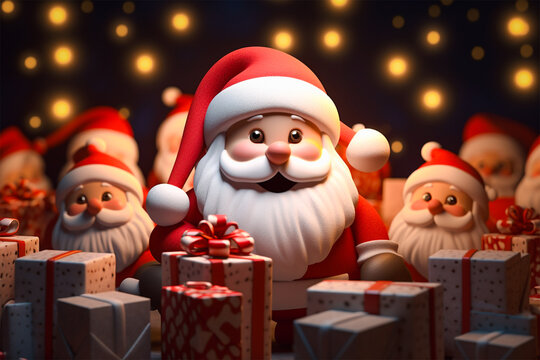 Group of Santa Claus smiling with many of gift boxes, Christmas background.