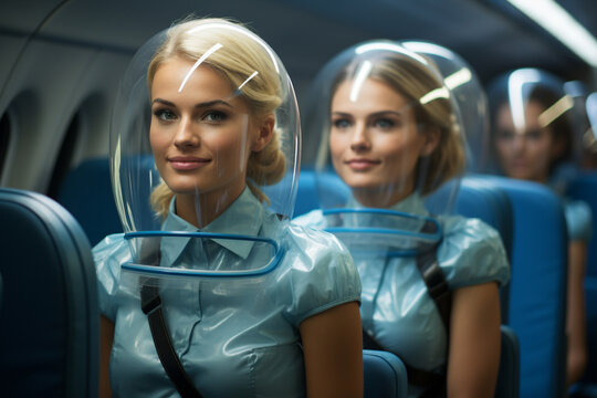 photo capturing stewardesses demonstrating safety procedures to passengers with clarity and professionalism. Photo