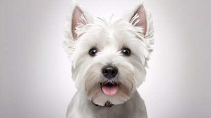 Close-up macro of a West Highland White Terrier dog isolated on white. Small white fluffy dog.