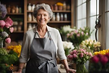 Portrait of a happy mature woman standing in her flower shop. Standing at the entrance is a successful small business owner in an ordinary gray apron. - obrazy, fototapety, plakaty