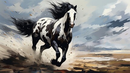 Gallop of white and black horses. - obrazy, fototapety, plakaty