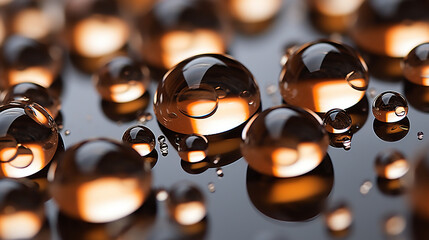 Gotas de agua transparentes redondas sobre una mesa negra reflejada una luz naranja sobre ellas. Conjunto de gotas de agua transparentes.