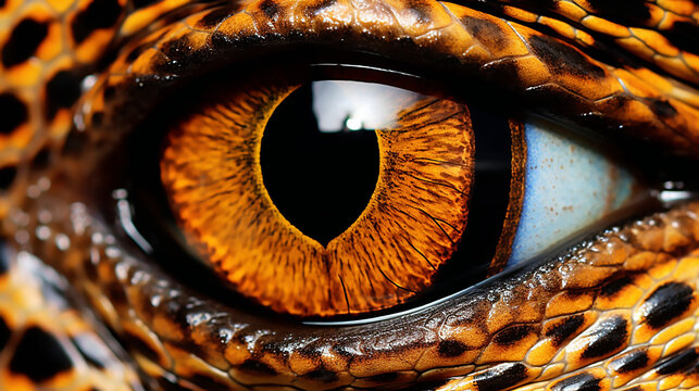 Macro fotografía de un ojo de reptil en la naturaleza de color amarillo, marrón y negro