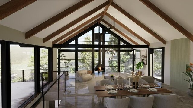 Interior of a family house, living room with kitchen - 3D animation