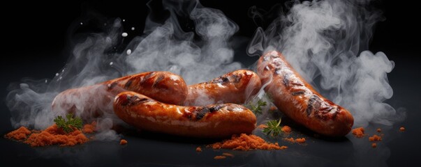 Fresh baked juicy sausage with smoke in the background. Generative AI. - obrazy, fototapety, plakaty