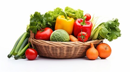 Various organic fresh vegetables and fruits in a wicker basket isolated white background.