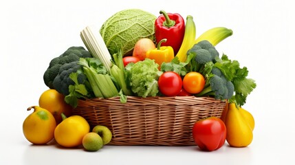 Various organic fresh vegetables and fruits in a wicker basket isolated white background.