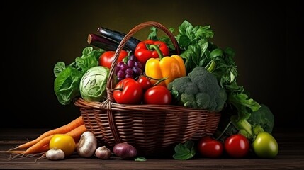 Various organic fresh vegetables and fruits in a wicker basket