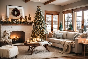 Cozy and inviting living room decor for the winter season, incorporating warm textiles, soft lighting, and festive accents. interior