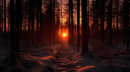 Winter sunset seen through the forest among the tree trunks.