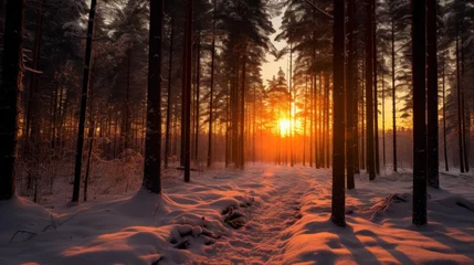 Tuinposter Winter sunset seen through the forest among the tree trunks. © Zahid