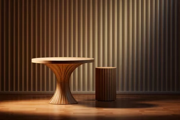 Fototapeten Wooden podium mockup table for cosmetics, products, perfume or jewelry, elegant line arrangement style © LeoOrigami