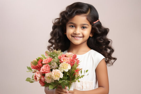 Cute indian little girl holding flower bouquet in hand