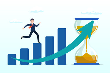 Man walk up growth rising up graph with sandglass metaphor of time, time value of money, long term investment, business growth or success growing business, make profit or investment gain (Vector) - obrazy, fototapety, plakaty