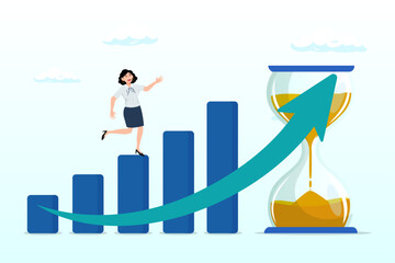 Woman walk up growth rising up graph with sandglass metaphor of time, time value of money, long term investment, business growth or success growing business, make profit or investment gain (Vector) - obrazy, fototapety, plakaty