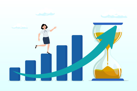 Woman walk up growth rising up graph with sandglass metaphor of time, time value of money, long term investment, business growth or success growing business, make profit or investment gain (Vector)