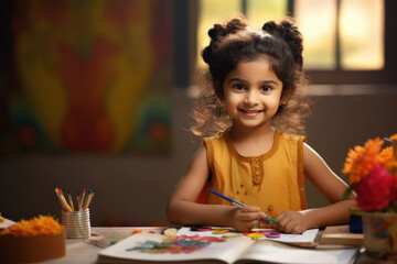 indian little girl drawing picture or studying at home
