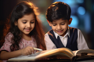 Cute indian little siblings studying together at home