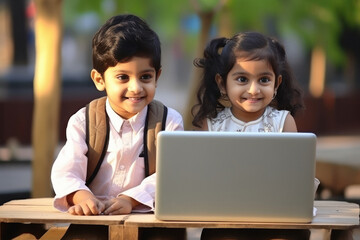 Cute indian little siblings using laptop