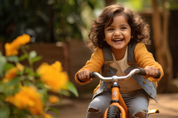 Cute indian little girl child riding bicycle - obrazy, fototapety, plakaty