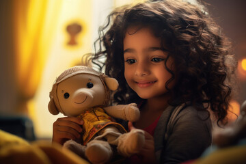 Cute little girl playing with doll at home - obrazy, fototapety, plakaty