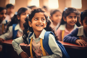 Indian little girls sitting in classroom at school.