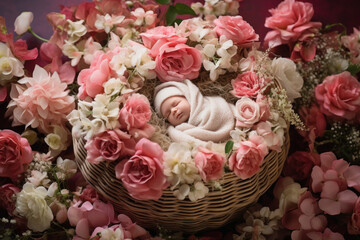 New born baby sleeping in flower basket