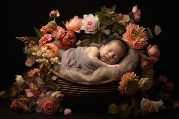 New born baby sleeping in flower basket