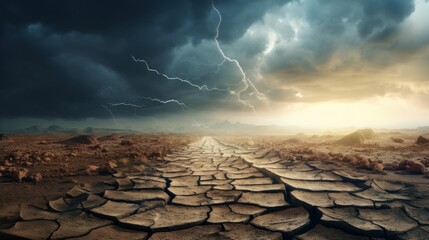 A cracked and stormy highway in a deserted desert. Grain texture and scratches