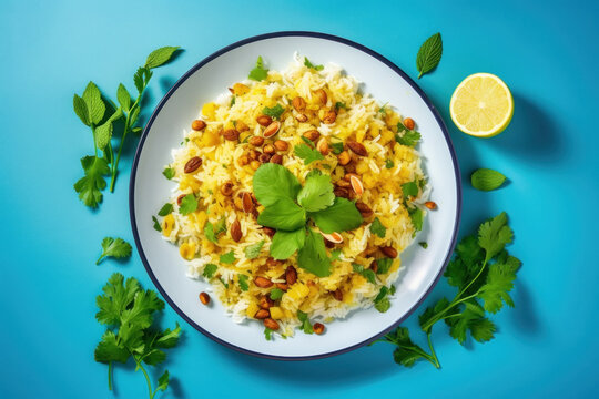 Indian breakfast poha made of rice, green chillies, onions and peanuts.