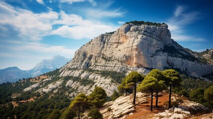Fototapeta na wymiar Mount White, with its sheer cliffs, stones, mountain greenery, and pine trees, is a stunning and distinctive landscape. 