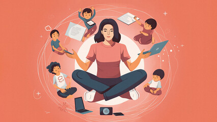 Multitasking mom sitting and relax in lotus pose, surrounded by her caring roles, work, children, and interests.