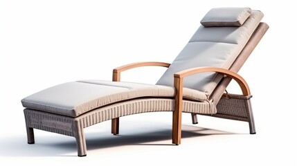 Isolated on a white background, a wicker chaise lounge. Long beach chair with armrests and soft cushions. Furniture for the Patio and Outside. Loungers made of rattan. Recliners for the pool. Outdoor  - obrazy, fototapety, plakaty