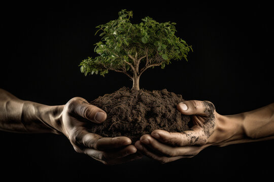 Hands holding plant with soil, save earth or save tree concept.