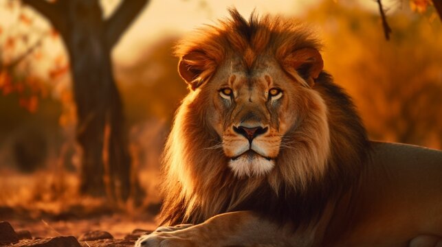 Wild African lion image in warm lighting, game drive animals wildlife safari, eco travel and tourism, national park nature