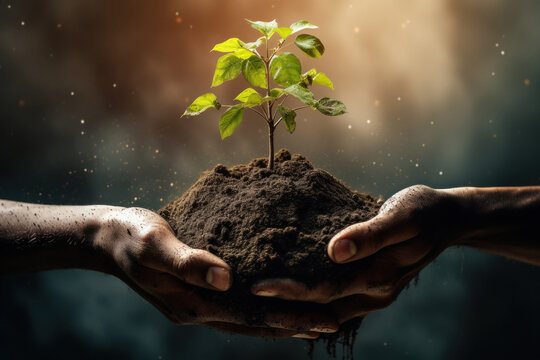 Hands holding plant with soil, save earth or save tree concept.
