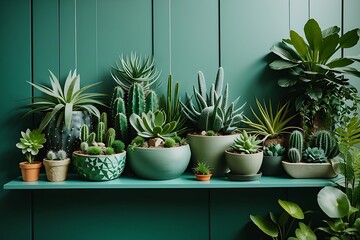 Stylish composition of home garden interior filled a lot of beautiful plants, cacti, succulents, air plant in different design pots. Green wall paneling. plant