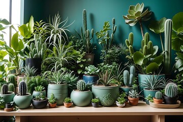 Stylish composition of home garden interior filled a lot of beautiful plants, cacti, succulents, air plant in different design pots. Green wall paneling.  contemporary