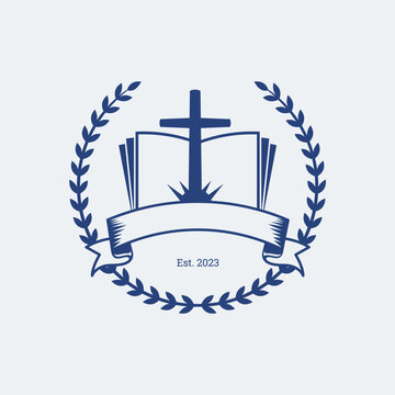 christian school logo, Cross icon with an open book or bible. Academy logo for Christianity students or use as church symbol. Leaf wreath around the icon.